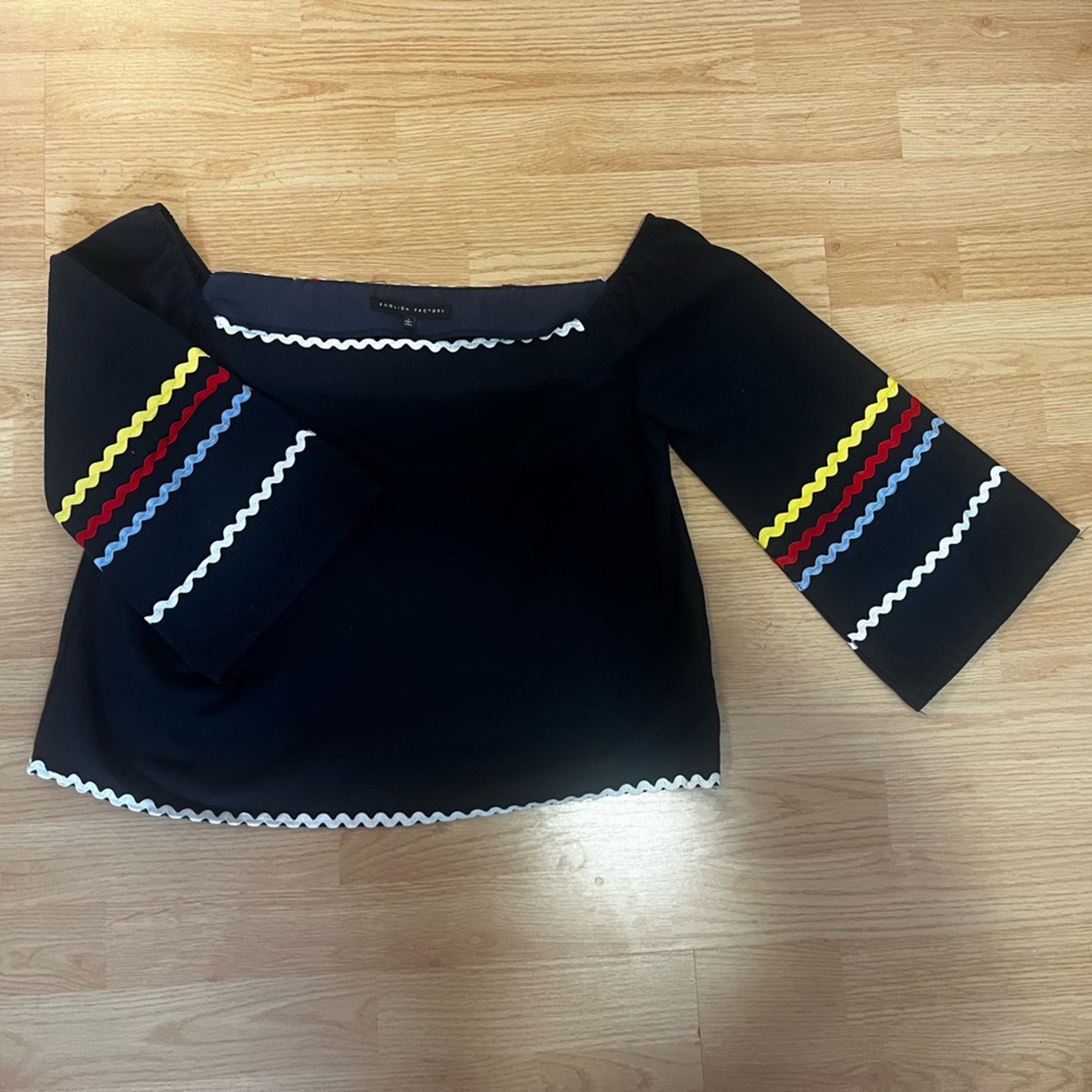 English Factory navy crop ric rac rainbow off the shoulder large spring blouse